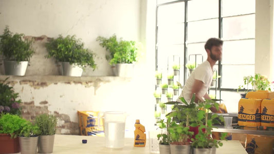 Man walking in garden studio