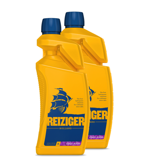 Two bright yellow nutrient containers with blue caps, labeled 'REIZIGER' against a plain background, indicative of products designed to enhance plant growth and vitality.